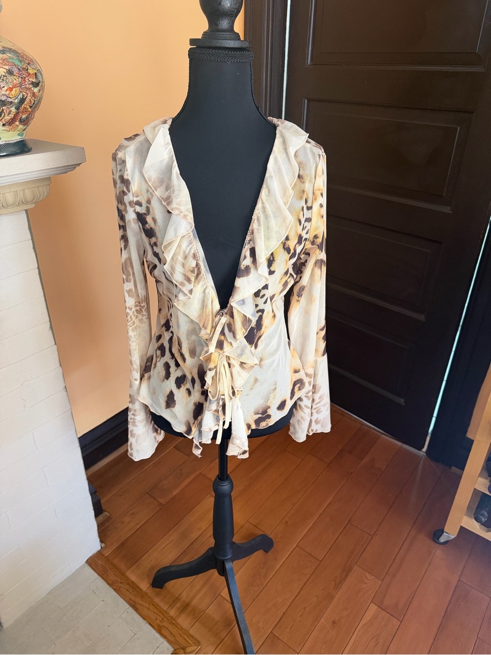 Sheer Ruffle Front Leopard Print Blouse - Cream